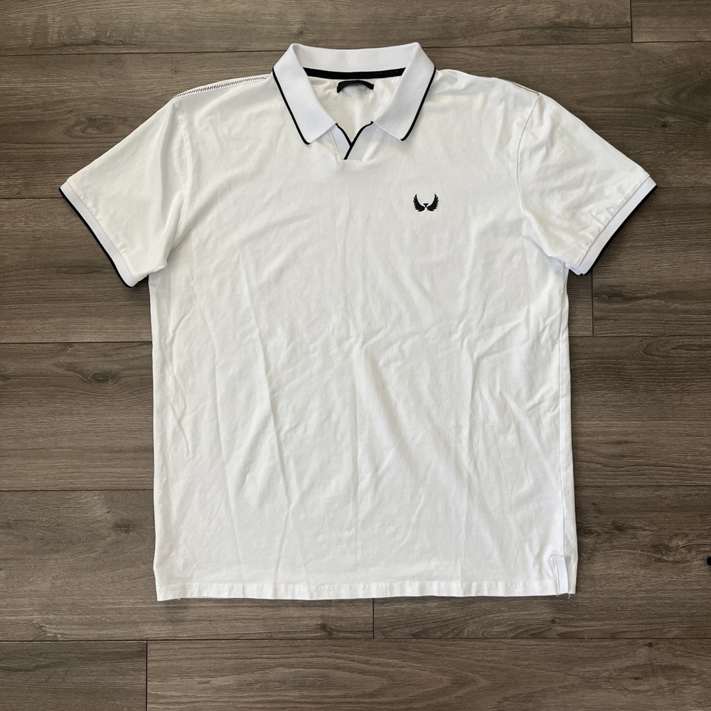 Nick Danger Mens XL Polo Shirt White Black Stripes Collar Short Sleeve